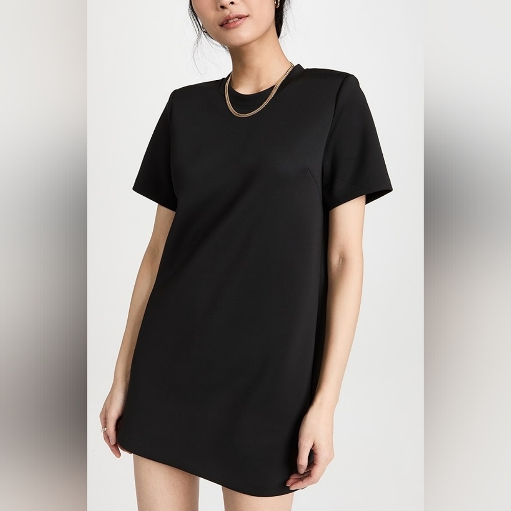 NWT Good American Scuba Mini Tee Dress Shoulderpads Crew Neck Black Sz. 0 US